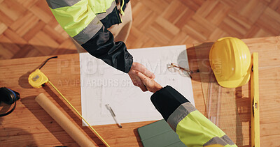 Buy stock photo Above, architect and shaking hands at worksite for agreement, renovation deal or planning. People, blueprint or handshake on site for engineer contract, contractor offer or thank you in partnership