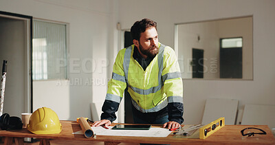 Buy stock photo Engineer, review and thinking with man and blueprint for property surveyor, architect or vision. Idea, floor plan or building contractor with person on construction site for remodeling project