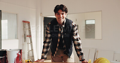 Buy stock photo Construction, portrait and project management with architect man in home for real estate renovation. Building, interior design and smile of engineer in apartment for housing or property development