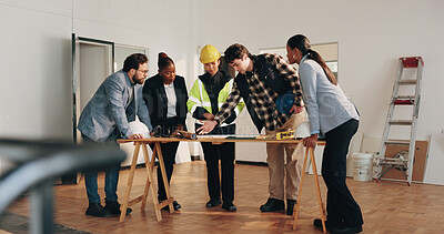 Buy stock photo Engineering, team and discussion on site with blueprint, review project timeline or building safety. People, talk and document in meeting with architecture design, schedule or construction compliance