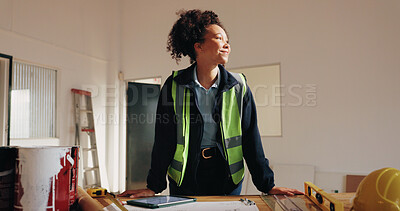 Buy stock photo Engineer, smile and thinking with woman and blueprint for property surveyor, architect or vision. Idea, floor plan or building contractor with person on construction site for remodeling project