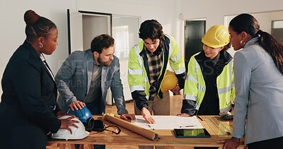 Buy stock photo Architect, team and discussion on site with blueprint, review project timeline or building strategy. People, diversity and talk in meeting with architecture, design document or plan for construction.