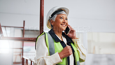 Buy stock photo Smile, woman and contractor with phone call for construction, coordination or architecture feedback. Happy, mature person and tech on site for discussion, engineer schedule and building progress