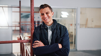 Buy stock photo Portrait, man and architect at site for construction, inspector and about us for architecture. Smile, male person or arms crossed at worksite for engineering, quality control and building development