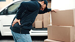 Back pain, boxes and delivery man by van for courier transport, shipping and distribution. Burnout, person and cargo parcel by vehicle with muscle fatigue, heavy lifting or strain at package drop off