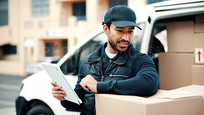 Buy stock photo Tablet, thinking and delivery man by van for courier transport, shipping and distribution. Check, technology and cargo boxes by vehicle with online schedule, address app or checklist for package