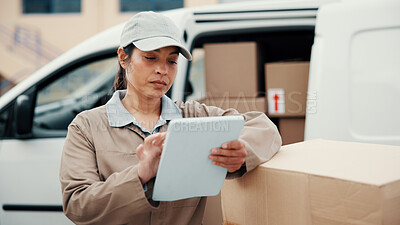 Buy stock photo Tablet, woman and delivery service by van for courier transport, shipping and distribution. Check, technology and cargo boxes by vehicle with online schedule, address app or checklist for package