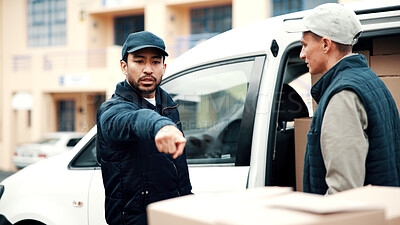 Buy stock photo Man, pointing and delivery team with boxes for instruction, service and inventory management at van. Outdoor, logistics and people with stock for supply chain, parcel selection and packing vehicle
