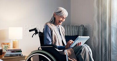 Buy stock photo Smile, tablet and wheelchair with old woman in retirement home for streaming service or subscription. App, happy and senior person with disability in bedroom for digital download or watching video