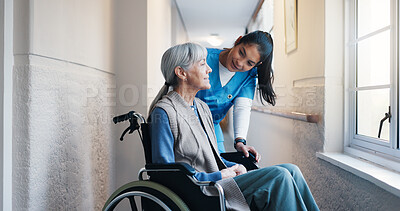 Buy stock photo Conversation, nurse and old woman in wheelchair for assisted living, elderly care or retirement. Advice, feedback and senior person with disability talking to caregiver for help, support or wellness