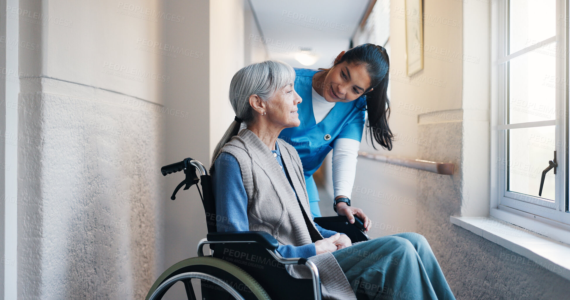 Buy stock photo Conversation, nurse and old woman in wheelchair for assisted living, elderly care or retirement. Advice, feedback and senior person with disability talking to caregiver for help, support or wellness