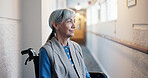 Thinking, house and old woman in wheelchair with smile, vision and decision for injury recovery. Happy, homecare and senior person with disability, reflection and mindset for parkinson rehabilitation
