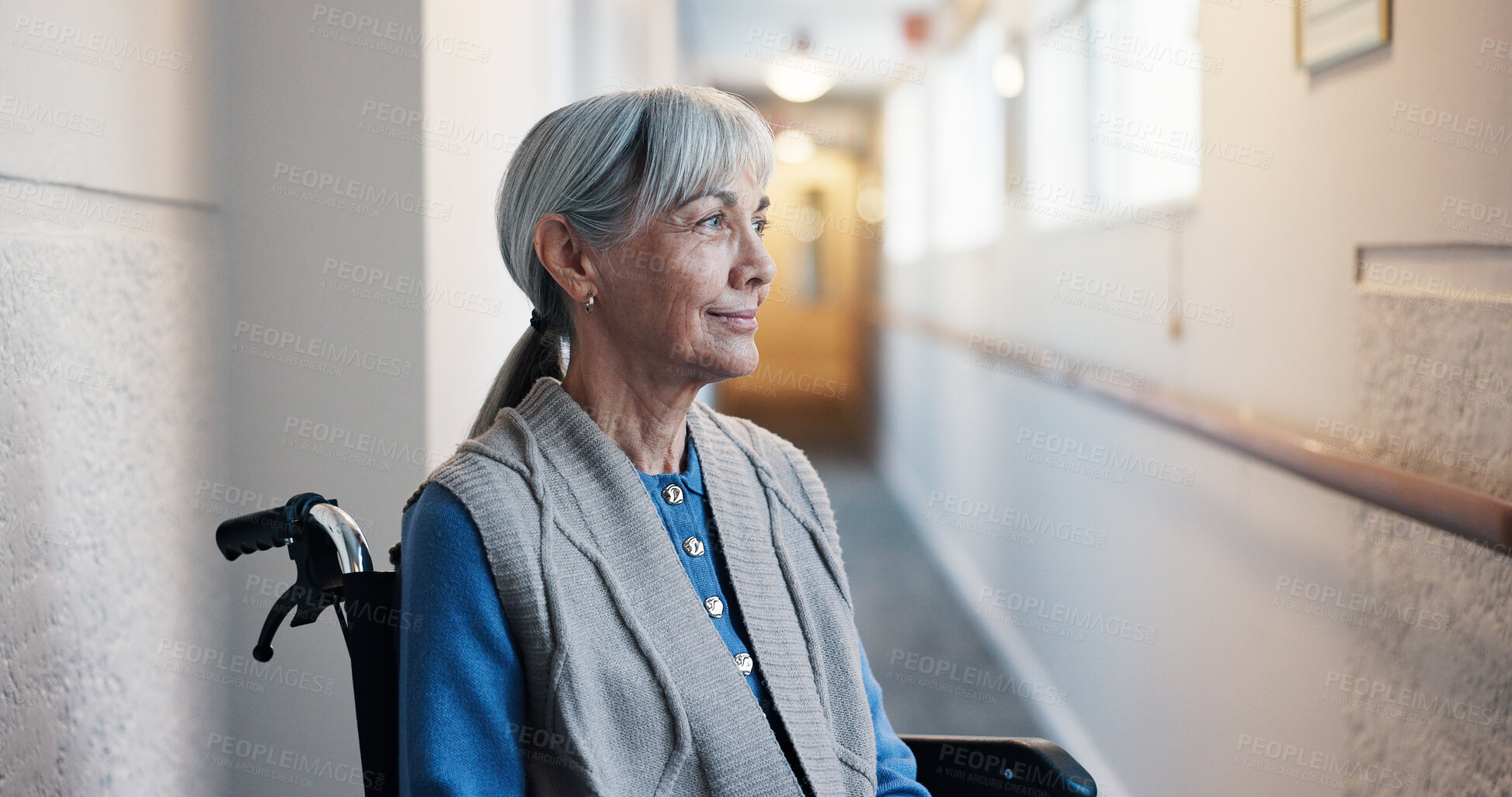 Buy stock photo Thinking, smile and old woman in wheelchair at nursing home, vision and ideas for injury recovery. Happy, lobby and senior person with disability, reflection and mindset for parkinson rehabilitation