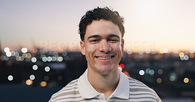 Buy stock photo Evening, portrait and smile with student man outdoor for city scholarship or education break. College, bokeh space and university with happy learner at urban campus for future opportunity or growth