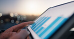 Balcony, hands and person outdoor with tablet screen, data analysis and real estate or housing market. Sunset, bokeh or planning in city with tech, graphs or review statistics for property investment