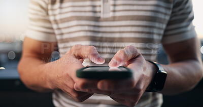 Buy stock photo Hands, phone and text message with man outdoor in evening for communication or internet search. App, connectivity and typing with person in city for mobile research or networking as social media user