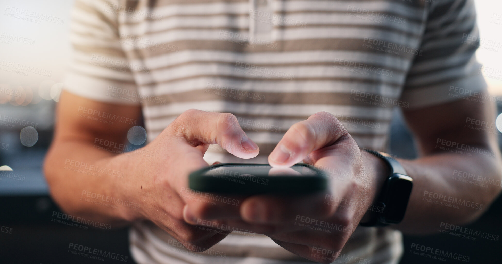 Buy stock photo Hands, phone and text message with man outdoor in evening for communication or internet search. App, connectivity and typing with person in city for mobile research or networking as social media user
