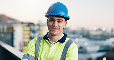 Buy stock photo Construction, hard hat and portrait of happy man in city for development or project management. Civil engineering, smile and space with proud developer outdoor for evening architecture or building