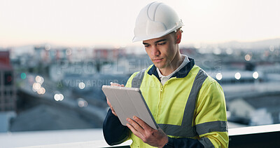 Buy stock photo Man, tablet and construction worker in city for digital blueprint, engineering and feedback. Property, infrastructure space and person in online urban planning forum with tech, chat and response