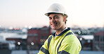Construction, evening and portrait of happy man in city for development or project management. Civil engineering, helmet and space with developer outdoor for architecture, building or real estate