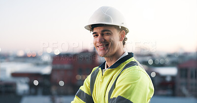 Buy stock photo Construction, evening and portrait of happy man in city for development or project management. Civil engineering, helmet and space with developer outdoor for architecture, building or real estate