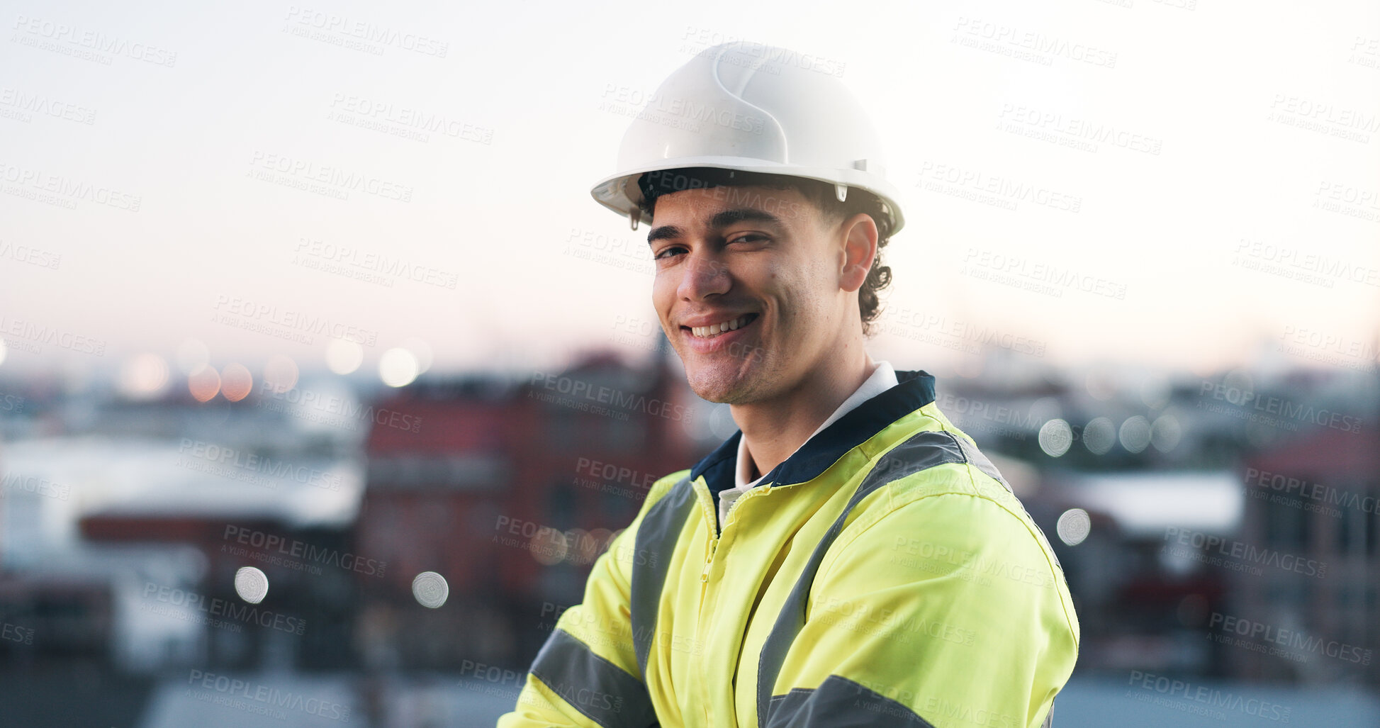 Buy stock photo Construction, evening and portrait of happy man in city for development or project management. Civil engineering, helmet and space with developer outdoor for architecture, building or real estate