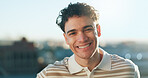 Portrait, school and space with happy student outdoor for city scholarship or education break. College, flare and university with confident man at urban campus for future opportunity or growth