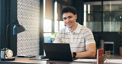 Buy stock photo Creative, portrait and man with laptop in office, blogger and editing article with smile or research. Business, writer and happy person with technology, online and confident for career development