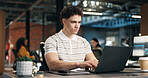 Serious, man and typing in office with laptop, editing web design or productivity for online project. Bokeh, coworking and person with computer, digital designer problem solving and site development.