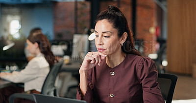 Buy stock photo Creative, woman and thinking in office with laptop, reading brand management proposal and research. Coworking, mature person and manager in PR agency with computer, editing and check press release.