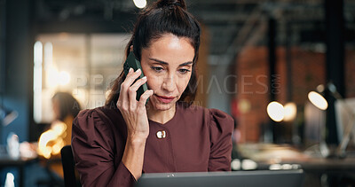 Buy stock photo Business, woman and laptop in office with phone call, research and contact for media statement. Mature person, mobile and discussion in workplace with pc, proofreading and testimony for press release