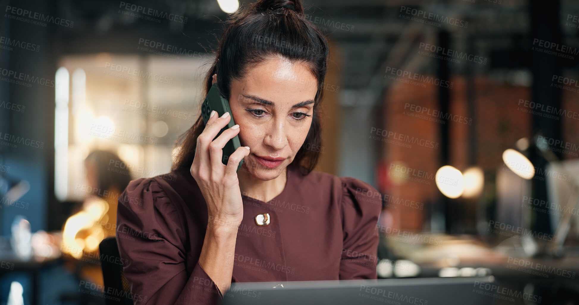 Buy stock photo Business, woman and laptop in office with phone call, research and contact for media statement. Mature person, mobile and discussion in workplace with pc, proofreading and testimony for press release