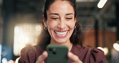 Buy stock photo Happy, woman and good news in office with phone, text message and approval of social media marketing. Bokeh, mature person and smile in business with tech, positive feedback and ad campaign success.