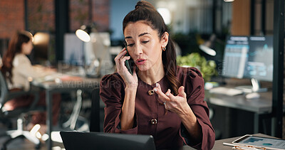 Buy stock photo Laptop, woman and phone call in office for data analysis, financial report and advice at night. Coworking, tech and mature person talking to contact for investment graphs, communication and overtime