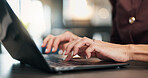 Woman, hands and typing in office with laptop, online research or copywriter for newsletter campaign. Creative, person and copywriting in business with computer, email marketing and brand awareness.