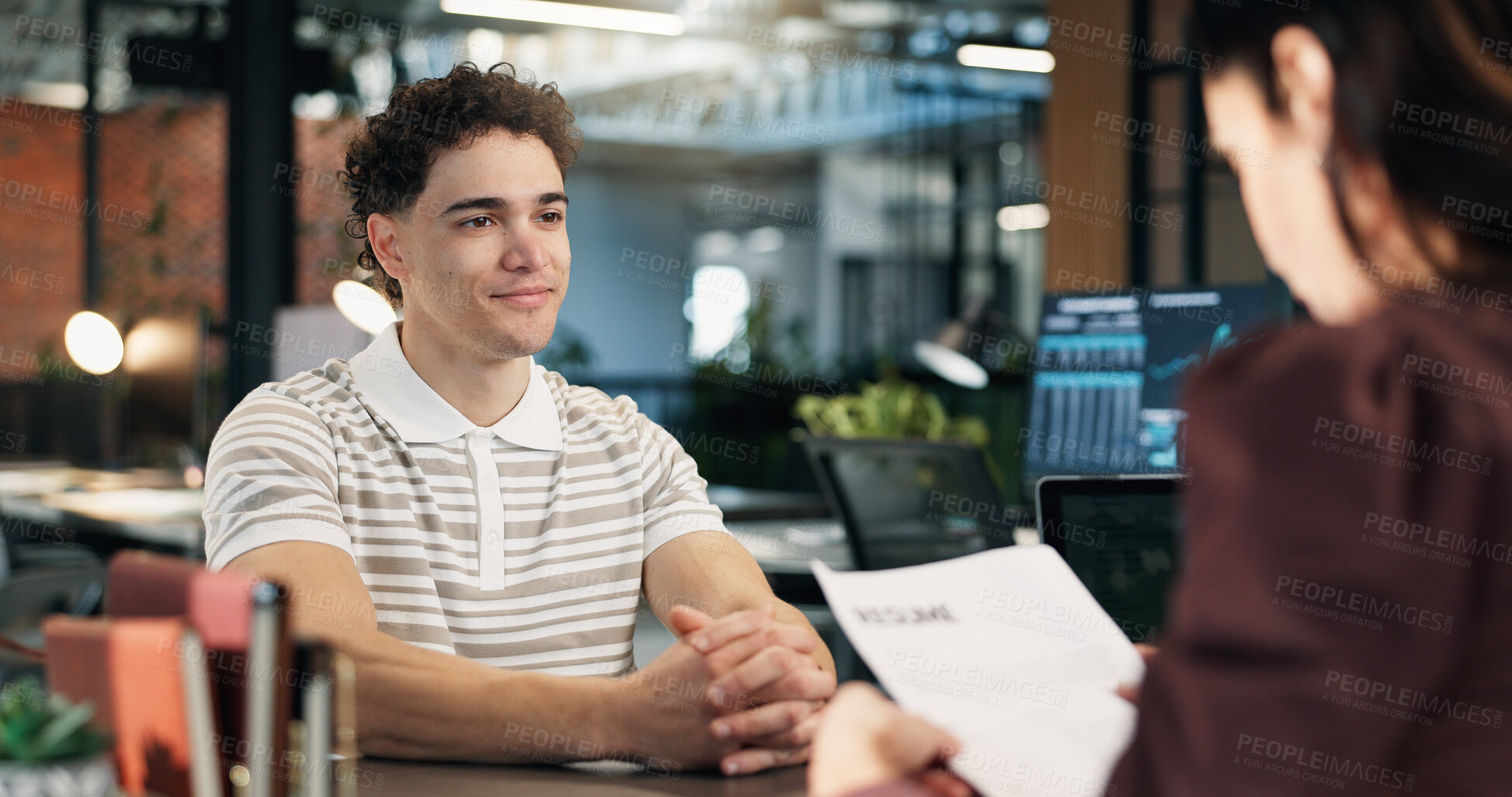 Buy stock photo Job interview, resume and business people in office with meeting, career opportunity or onboarding. Hiring, discussion and hr manager with candidate for recruitment process with CV in workplace.