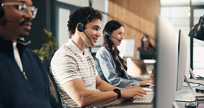 Buy stock photo Call center, headset and happy man with computer, typing and communication with contact in business. Telemarketing, agent and person with mic, coworking and lead generation with technology in office