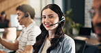 Call center, portrait and happy woman with headset, consultation or chatting with contact in office. Telemarketing, agent and person with mic, coworking and lead generation with tech in business