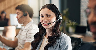 Buy stock photo Call center, portrait and happy woman with headset, consultation or chatting with contact in office. Telemarketing, agent and person with mic, coworking and lead generation with tech in business