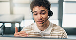 Call center, headset and man with computer, explain and discussion with contact for lead generation. Telemarketing, agent and happy person with mic, consultation and communication with technology