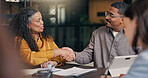Creative, business people and handshake with client in meeting, publicist or agreement for campaign. Public relations, collaboration and shaking hands with press agent, talking and happy for project