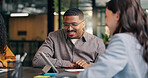 Tablet, discussion and business people in office with planning finance report with revenue growth. Digital technology, meeting and team of financial advisors with investment proposal in workplace