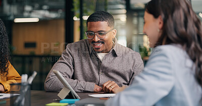 Buy stock photo Tablet, discussion and business people in office with planning finance report with revenue growth. Digital technology, meeting and team of financial advisors with investment proposal in workplace