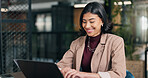 Employee, laughing and woman with laptop in office, creative or editing pr campaign on social media. Business, publicist and happy person with technology, online and reading press coverage on website