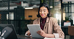 Employee, reading and woman with tablet in office, creative or research for campaign on social media. Business, publicist and happy person with technology, online and review press coverage on website
