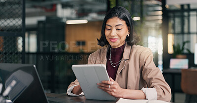 Buy stock photo Employee, reading and woman with tablet in office, creative or research for campaign on social media. Business, publicist and happy person with technology, online and review press coverage on website