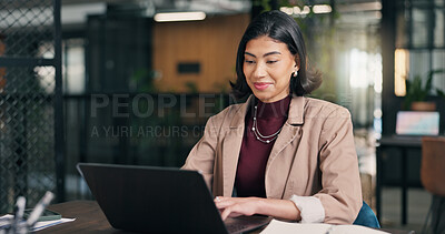 Buy stock photo Employee, research and woman with laptop in office, creative or editing pr campaign on social media. Business, publicist and happy person with technology, online and reading press coverage on website