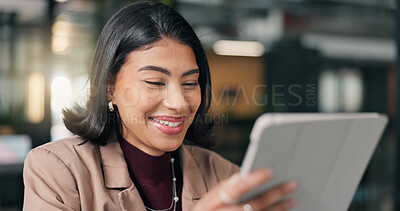 Buy stock photo Happy, employee and woman with tablet in office, creative and research for campaign on social media. Business, publicist and person with technology, laughing and reading press coverage on website