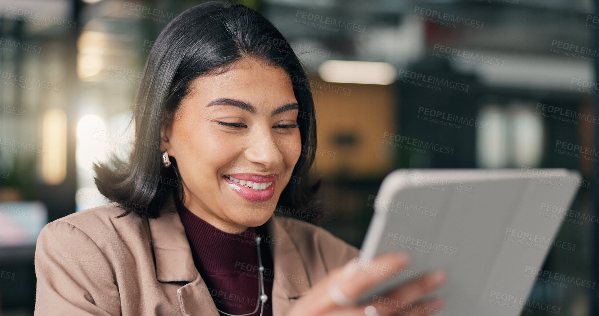 Buy stock photo Happy, employee and woman with tablet in office, creative and research for campaign on social media. Business, publicist and person with technology, laughing and reading press coverage on website