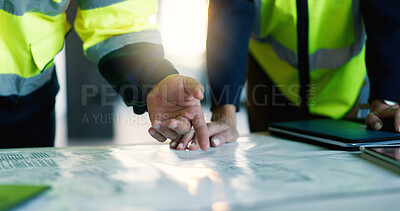 Buy stock photo Architect, team and hands in building with blueprint, review design and discussion for project. People, flare and planning with digital tech for architecture research, brainstorming and partnership